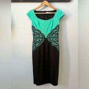 Teal and Black Cap-Sleeve Lace-Accent Midi Dress